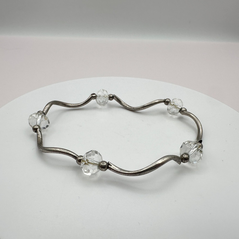 Vintage 90s Silver Wave Link Bracelet with Clear Glass Beads Women's